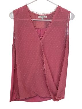 Q&A Mauve Swiss Dot Faux Wrap Sleeveless Paneled Romantic Blouse Size LP